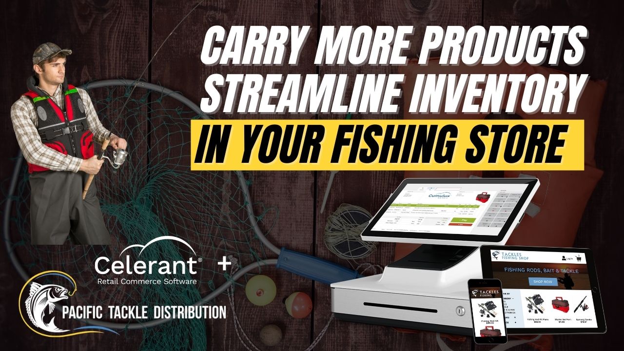Fisherman has a line hooked to a POS screen to show that Celerant integrates with Pacific Tackle Distribution