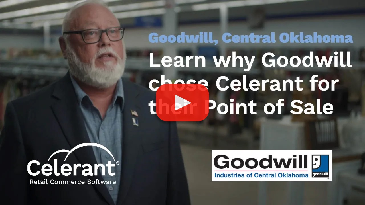 Man in front of Goodwill showroom with Goodwill logo to lower right and why they choose Celerant