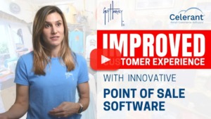 Woman stands in front of a store background and sign that says improved customer experience