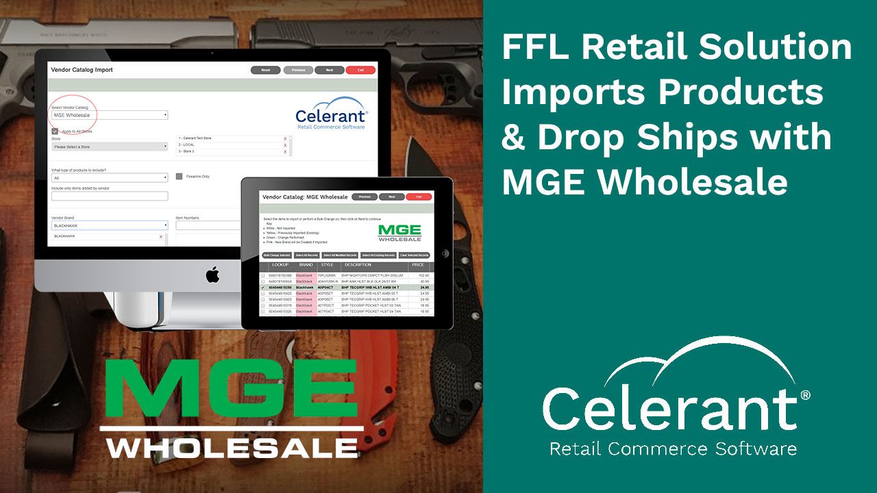 Images of Celerant's point of sale software on various devices showing MGE Wholesale integration