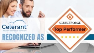 Man and woman admire the SourceForge award icon