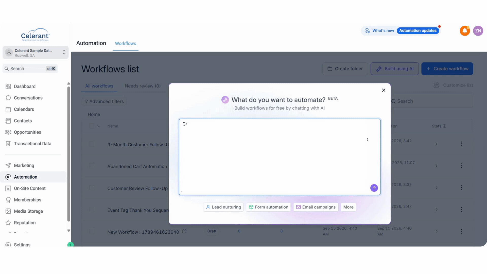Typing the abandoned cart prompt into the AI Builder