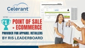 Woman hands bag over checkout counter next to point of sale register