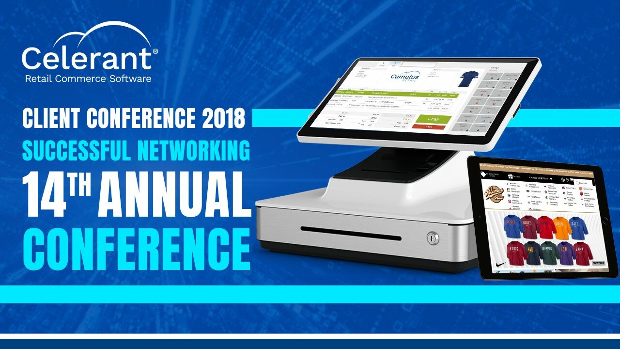 Point of sale screen on register against 14th annual conference text